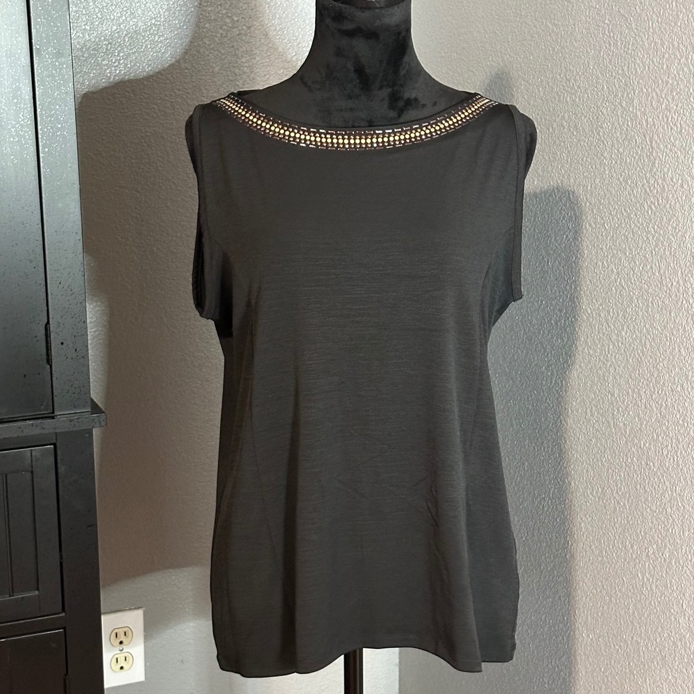 Jones New York Top Large Embellished Neck Sleeveless Top Black Dressy Blouse NWT